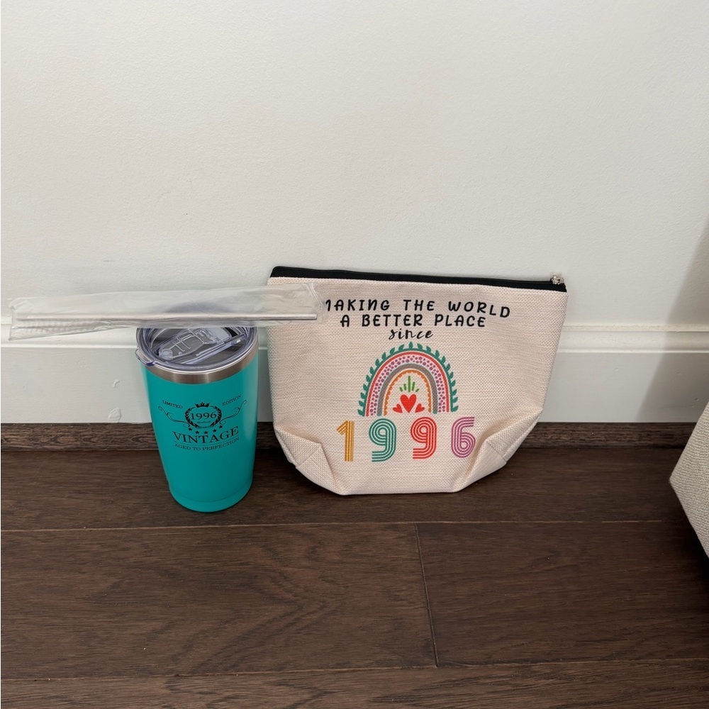 Canvas Cosmetic Pouch in Cream with Rainbow 1996 Print and Teal 1996 Travel Cup
